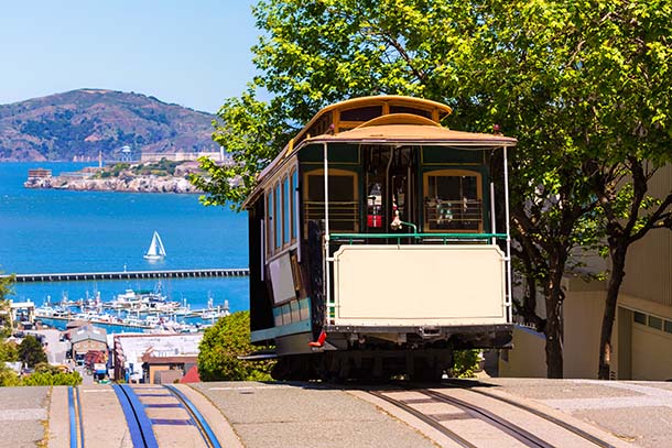 A cable car in San Francisco, CA